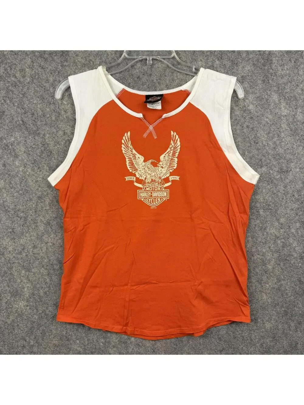Harley Davidson Greenville SC Sleeveless T Shirt Orange White Women Size XL 365